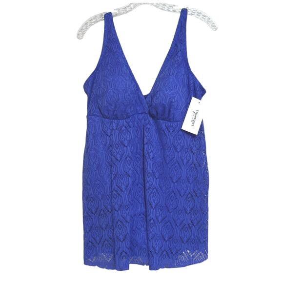 Swimsuits For All Women’s Plus Size 16 Crochet Chevron One Piece Swimdress Blue - Picture 2 of 12